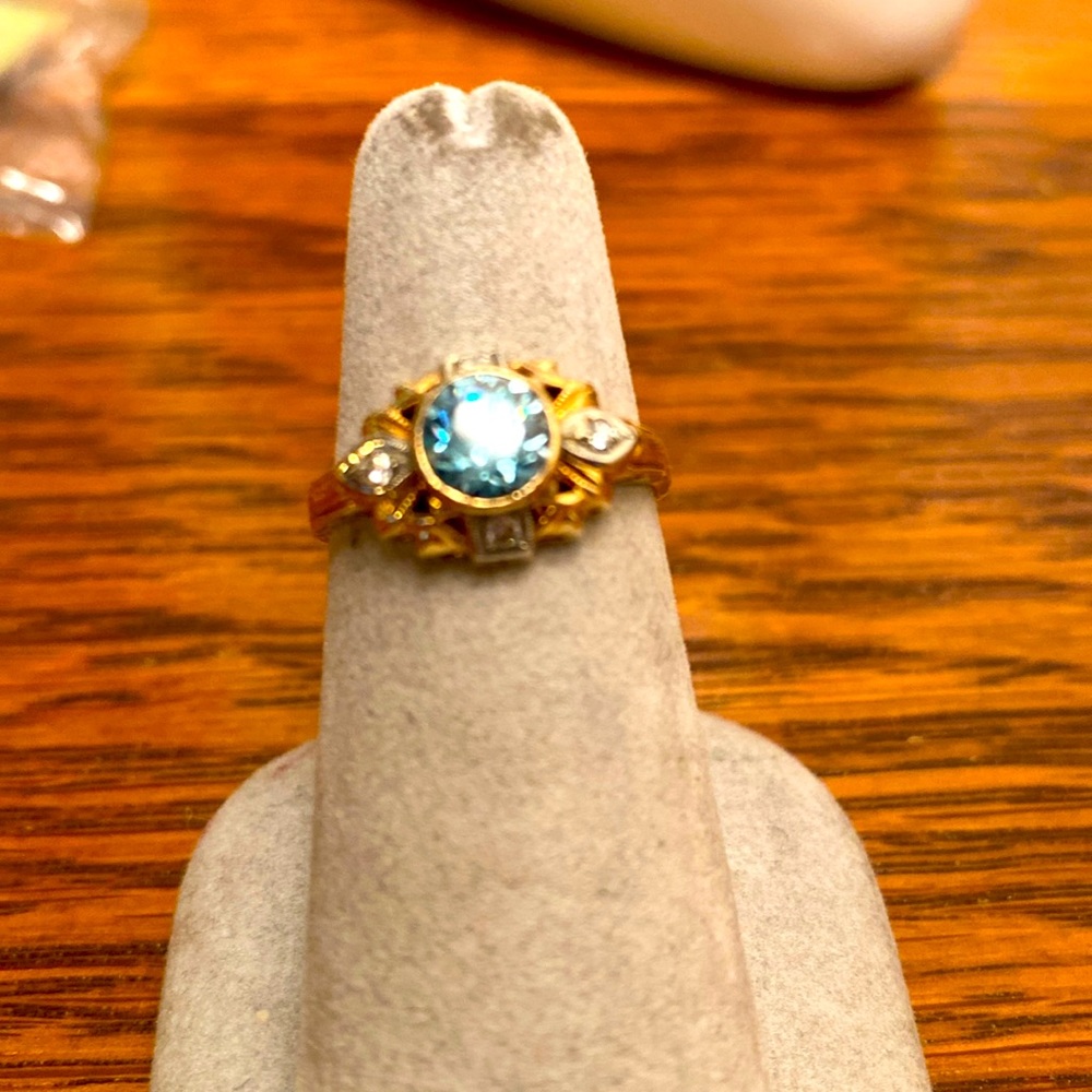 14K Blue Zircon Ring with Diamonds